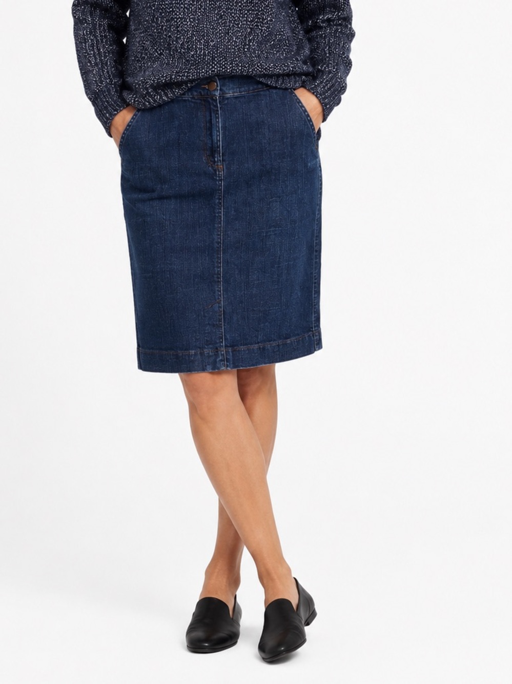 Eileen Fisher Dark Blue Pencil Skirt Jean Sz S stretch knee length casual coast